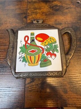 Vintage 1970s Cathay Tile trivet cast iron teapot frame ceramic tile decor